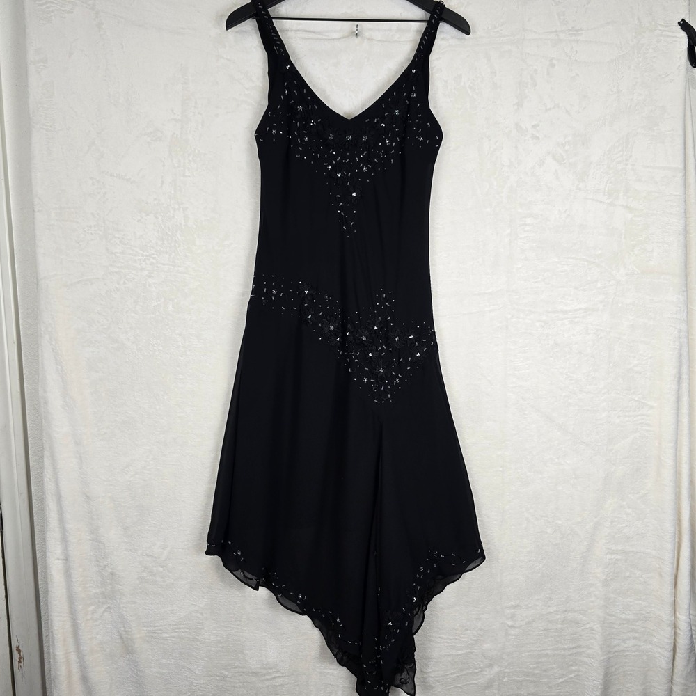 R&M‎ Richards Black Beaded Floral Handkerchief fairy Hem Dress Vintage size 10